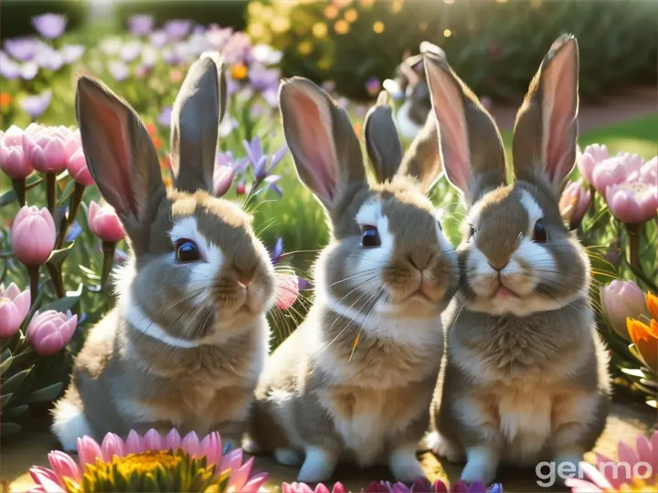 macroréalistique family of Netherland Dwarf rabbits dancing in a  garden with protea flowers