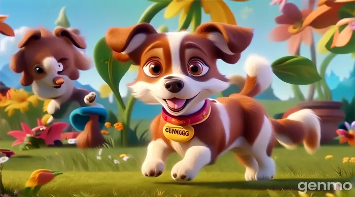 a cartoon dog running through a field of flowers