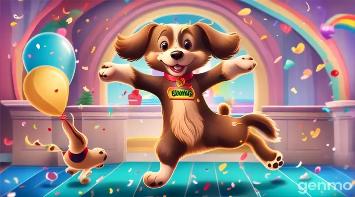 a cartoon dog is jumping in the air with balloons and confetti