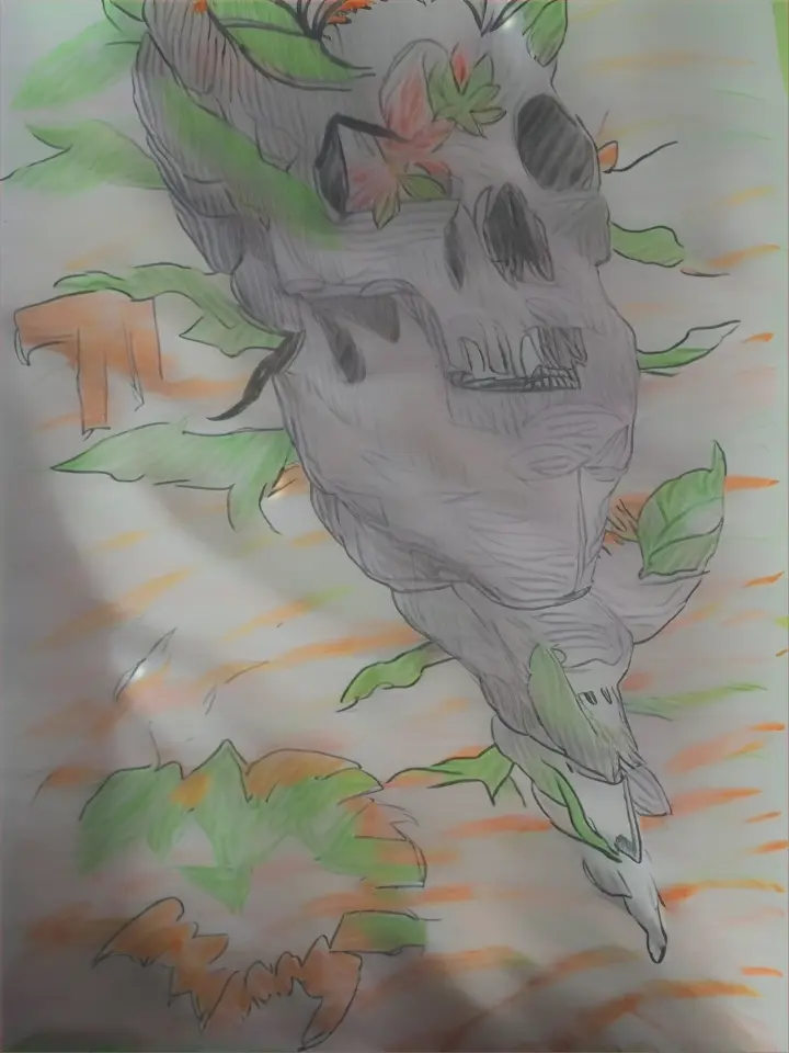 a drawing of a skull with flowers on it  with fireballseffect aniamtion