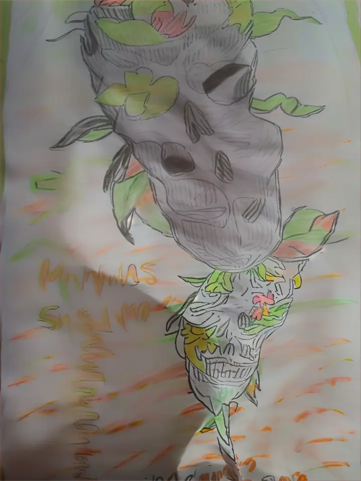 a drawing of a skull with flowers on it  with fireballseffect aniamtion