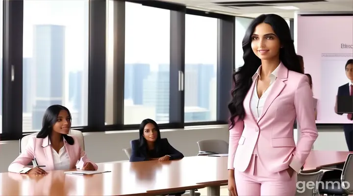 at 21st floor, in side the boardroom, a smiling woman with Long wavy Black Hair in light pink business suit with white undershirt standing in front of a conference table talking to someone