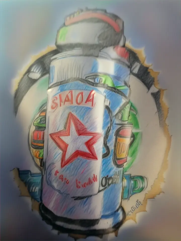 a drawing of a can of soda on a bottle cap