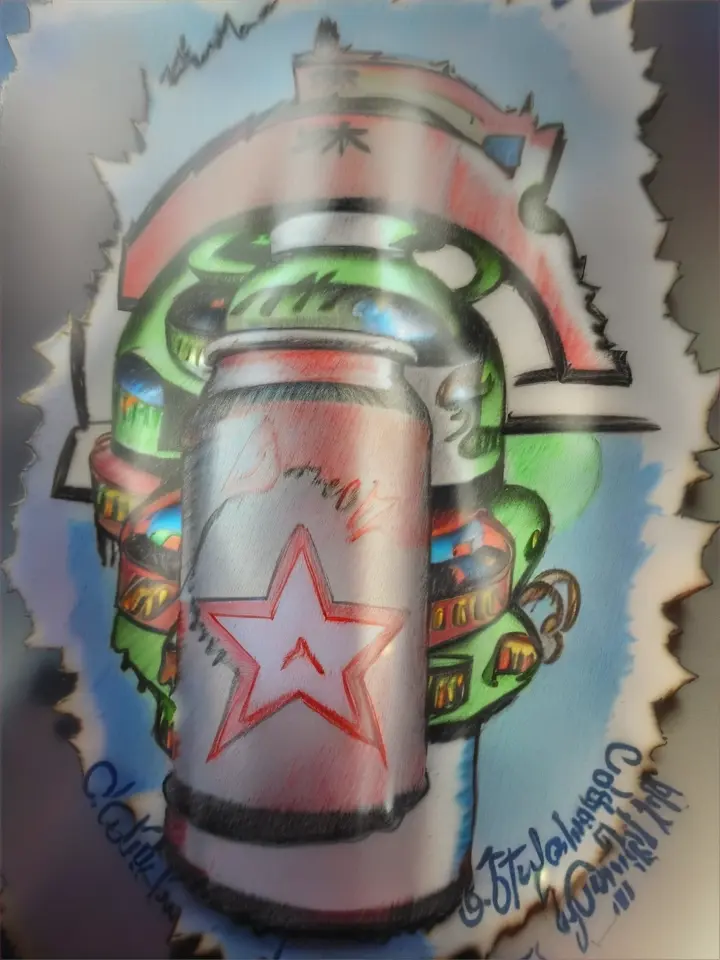 a drawing of a can of soda on a bottle cap