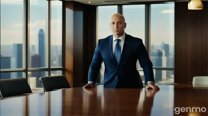 at 21st floor, in side the boardroom, a bald man standing at the conference table talking to someone