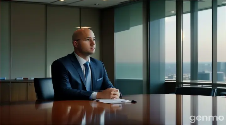 at 21st floor, in side the boardroom, a bald man sitting at the conference table talking to someone