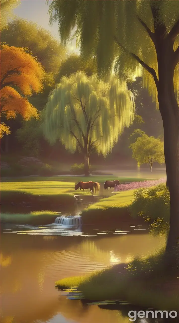 A peaceful pastoral landscape with a babbling brook, a weeping willow tree and a grazing horse