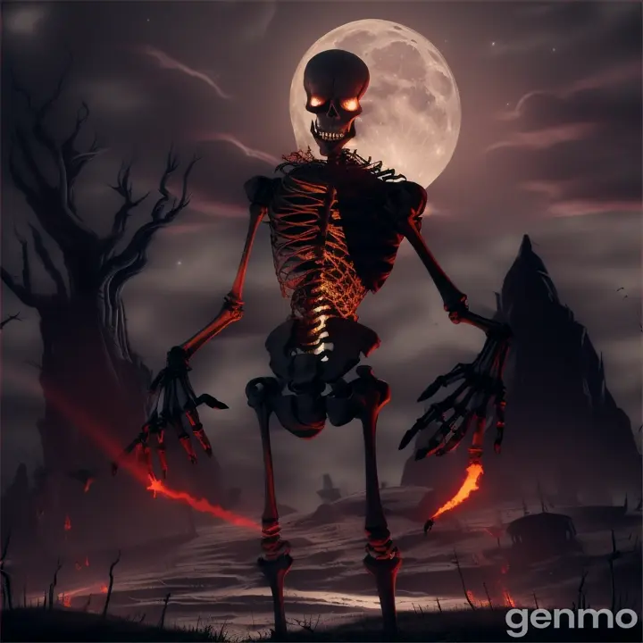 Generate animation video "A terrifying skeleton standing tall, fully emerged from the grave, with fiery red eyes glowing in the darkness. Its bony finger is pointing toward Ali, as if warning him. Ali stands paralyzed with fear, his mouth open in a silent scream, his eyes wide with terror. The moonlight casts an eerie glow over the scene, amplifying the fear and tension."
