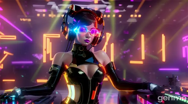 A slender woman with shapely hips and a larger bust than usual, wearing steampunk glasses, shiny headphones and a low-cut latex swimsuit, stands near a DJ mixing console and an electric piano in a steampunk club. Minimal clothing. Laser beams of bright colors against the background of large television screens. "FPV drone shot"