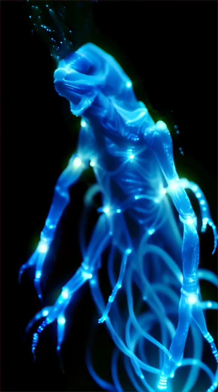 A levitating bioluminescent alien non-carbon-based life form creature squirming around in the darkness with its bioluminescence allowing it to be visible