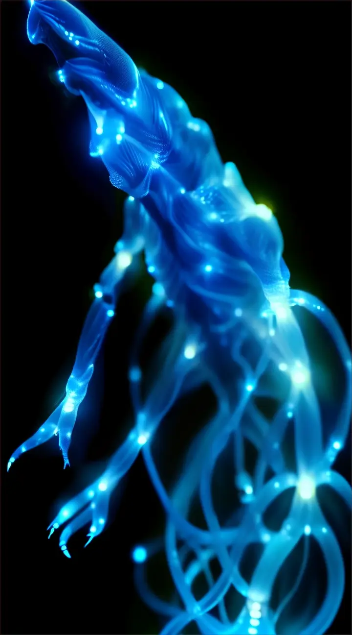 A levitating bioluminescent alien non-carbon-based life form creature squirming around in the darkness with its bioluminescence allowing it to be visible