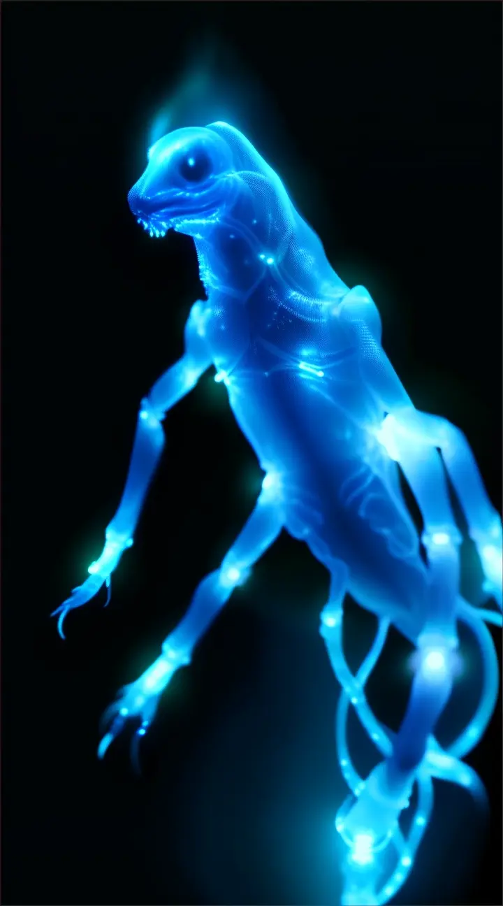 A levitating bioluminescent alien non-carbon-based life form creature squirming around in the darkness with its bioluminescence allowing it to be visible