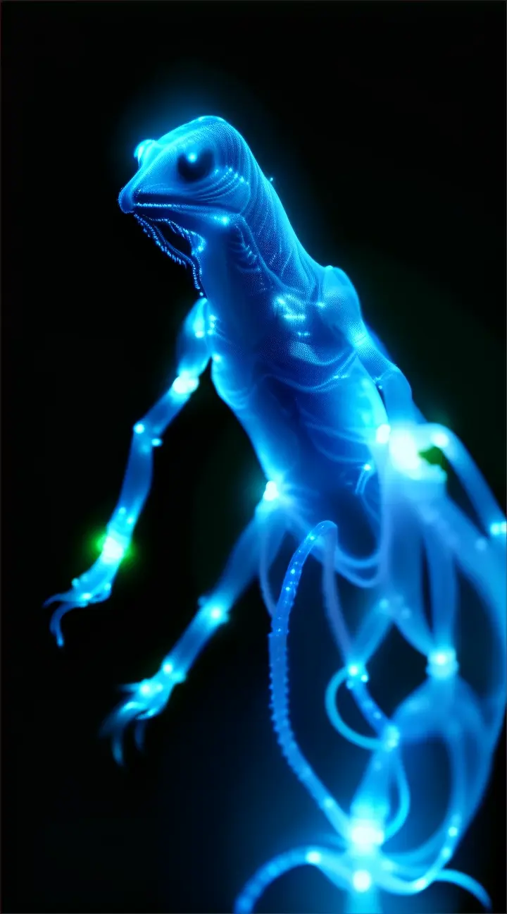 A levitating bioluminescent alien non-carbon-based life form creature squirming around in the darkness with its bioluminescence allowing it to be visible