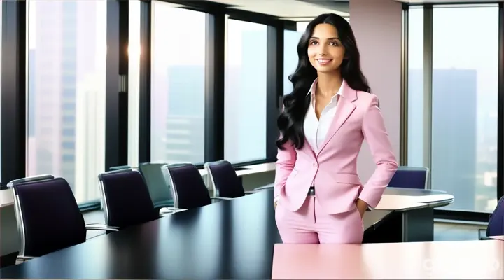 at 21st floor, a smiling woman with Long wavy Black Hair in light pink business suit standing in front of a conference table talking to someone