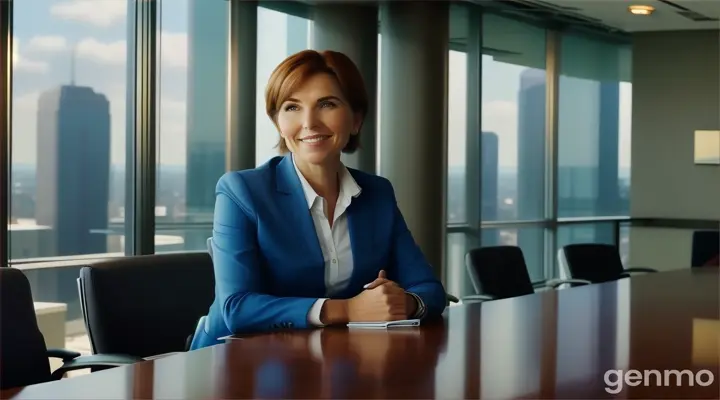 at 21st floor, inside the boardroom, a smiling woman sitting at a conference table talking to someone