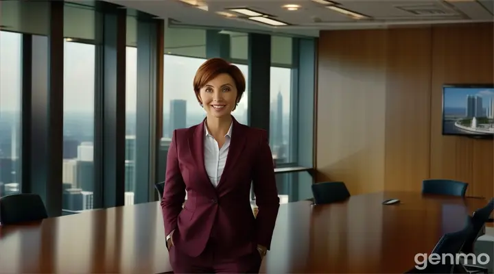 at 21st floor, inside the boardroom, a smiling woman with short hair standing in front of conference table talking to someone