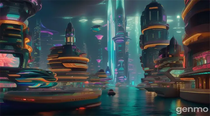 A futuristic underwater city: Massive buildings and neon lights among coral reefs and swimming fish.
