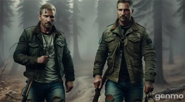 Character: Two rugged poachers, wearing dark, tattered clothing, with menacing expressions and tools for trapping animals.
Clothing: Faded jeans, leather jackets, and heavy boots, with ropes and nets slung over their shoulders.
Background: A clearing in the forest, with shadows creeping in, creating a tense atmosphere. Signs of struggle around, like broken branches and scattered leaves.