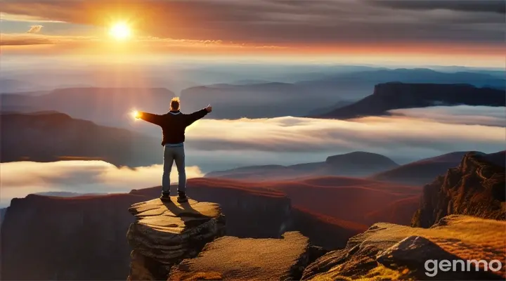 A wide-angle shot of the man standing on top of a mountain, overlooking a vast valley below. His arms are spread wide, symbolizing his big dreams and even bigger heart. The sky is bright with clouds breaking to reveal a shining sun.