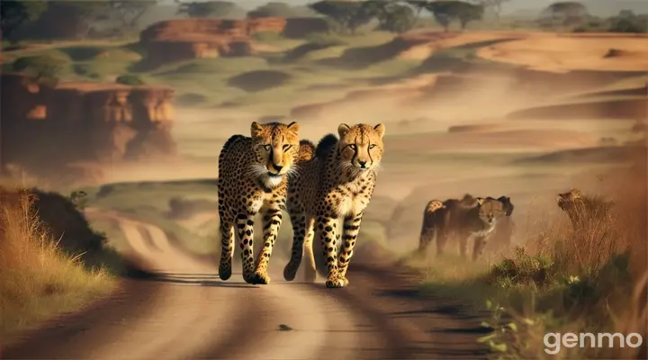 2 Cheetah's runing in a repeating pattern of jungle foliage and earth tones