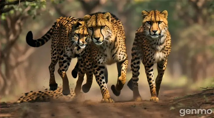 2 Cheetah's runing in a repeating pattern of jungle foliage and earth tones