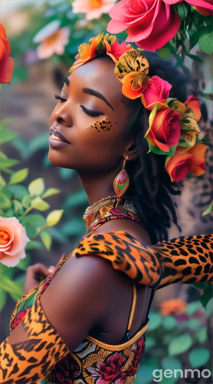 une belle femme africaine dance avec un guepard dans un jardins plein de roses multicolores