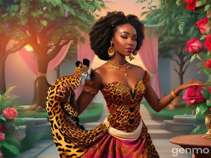 Beautiful African woman dances with a leopard in an enchanted garden of colorful roses.