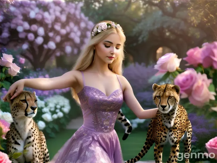 un guepard avec une belle fille dancent daun un grand jardins plein de belle rose mauve et blanches