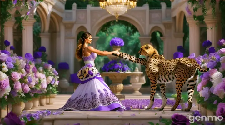 un guepard avec une belle  fille le corp couvert d'une belle robe blanche dancent daun un grand jardins plein de belle rose mauve et blanches