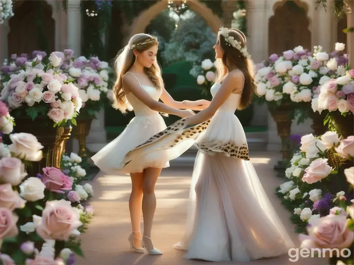 un guepard avec une belle  fille le corp couvert d'une belle robe blanche dancent daun un grand jardins plein de belle rose mauve et blanches