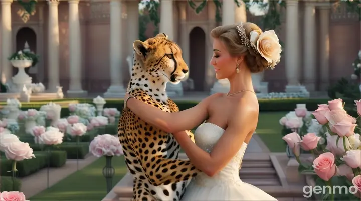 un guepard avec une belle  fille le corp couvert d'une belle robe blanche dancent daun un grand jardins plein de belle rose mauve et blanches