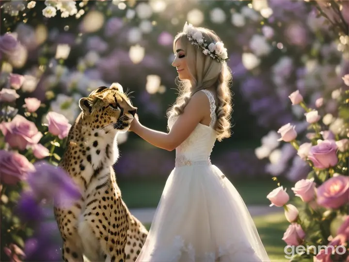 un guepard avec une belle  fille le corp couvert d'une belle robe blanche dancent daun un grand jardins plein de belle rose mauve et blanches