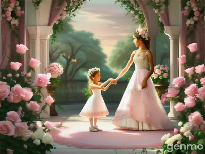 un guepard avec une belle petite fille le corp couvert d'une belle robe blanche dancent daun un grand jardins plein de belle rose mauve et blanches