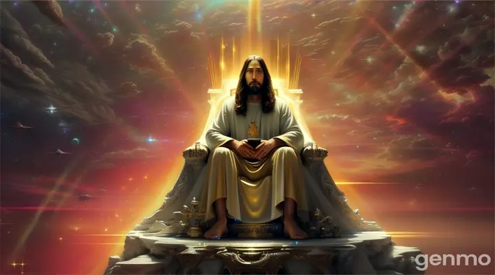 Jesus Christ sitting on the throne, (((("background space, stars, planets, sun"))), masterpiece, best quality, high quality, 8k wallpaper, award-winning photography, HDR, bloom, chromatic aberration, photorealistic, extremely detailed, intricate, high detail, dramatic, art in the middle of the journey, volumetric lighting, art by artgerm and ruan jia and greg rutkowski surreal painting (masterpiece, side lighting, beautiful finely detailed eyes:  1.2), HDR, 8K, God Ray