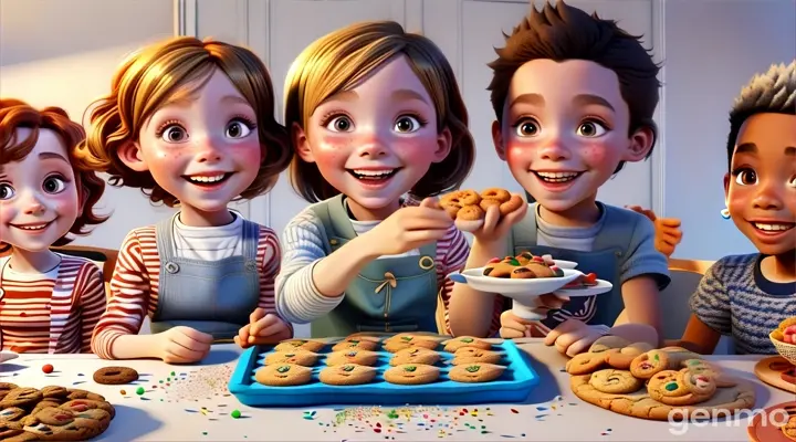 a group of children standing around a table filled with cookies