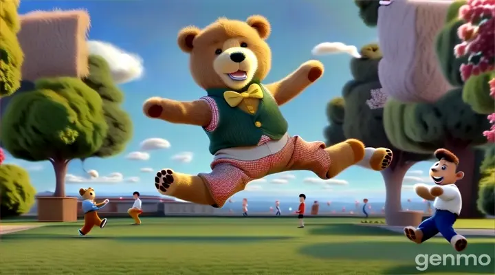 a teddy bear is jumping in the air