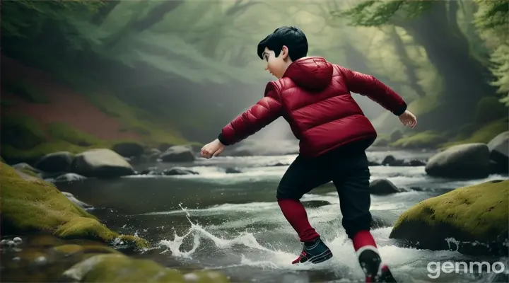 Pixar style, wide back shot of boy with black hair, +white jeans, +yes red jacket +no bags,  in a scary dark woodland, trying to cross a rushing stream, jumping from stone to stone