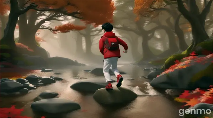 Pixar style, wide back shot of boy with black hair, white+white trousers,  red jacket +no bags,  in a scary dark woodland, trying to cross a rushing stream, jumping on stone to stone