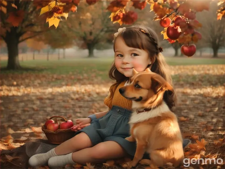 A cute little girl and her dog surrounded by apple trees in a bountiful autumn harvest setting