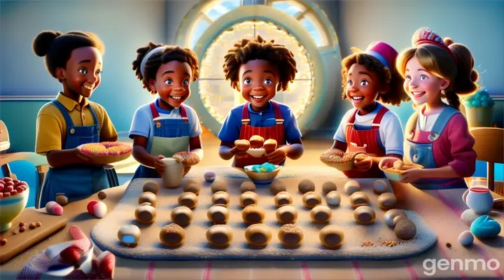 a group of children standing around a table with doughnuts