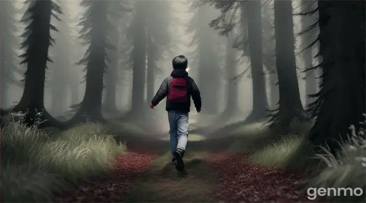 Pixar style, wide back shot of boy with black hair, +white  trauasers jeans, red red jacket +no bags,  walking in a scary dark woodland, trying to avoid branches and bramble slashing at him all of the way