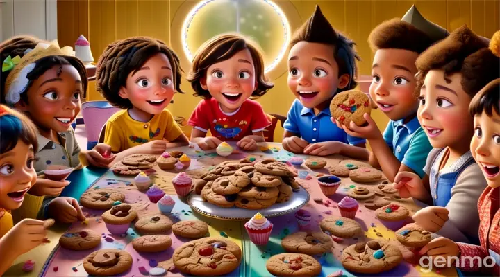 a group of children sitting around a table with cookies