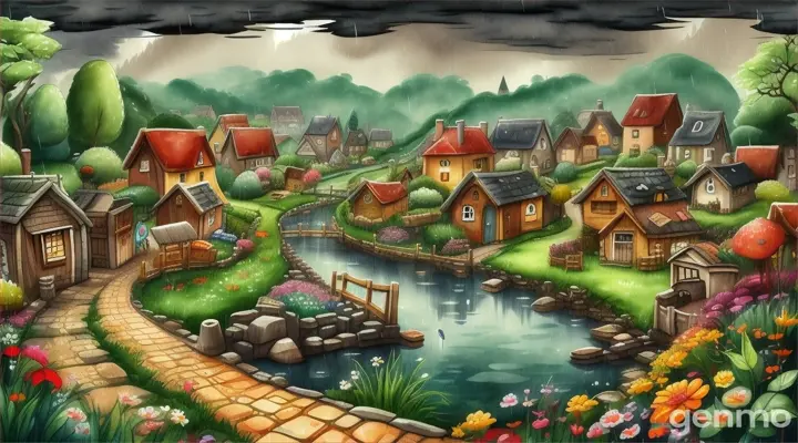 All plants die because of excessive water and it's raining village cartoon 