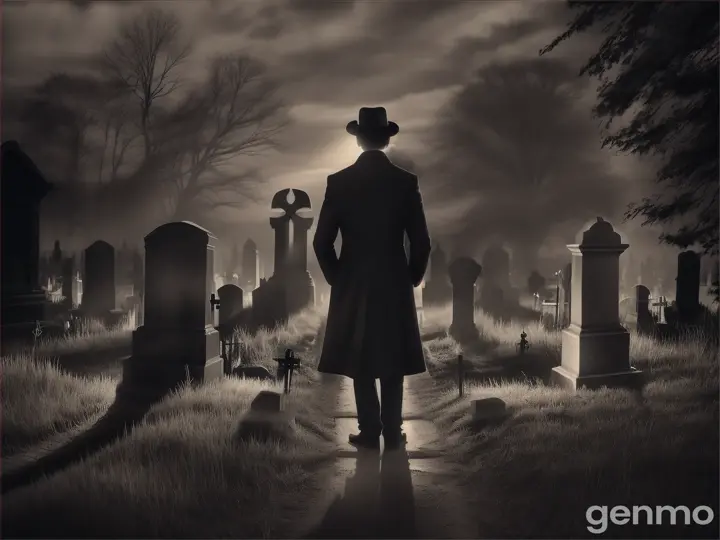 A man standing in front of a cemetery at night, ghostly figures emerging from graves in the distance