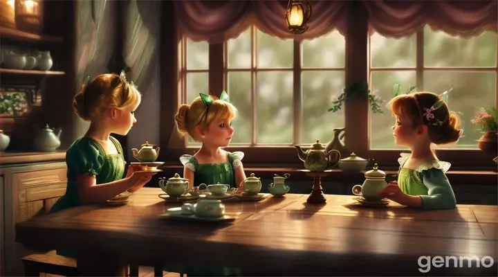 three little girls dressed as tinkerbells sitting at a table drinking tea in a elaborate   and welcoming rustic kitchen, while the rain lashes the windows outside