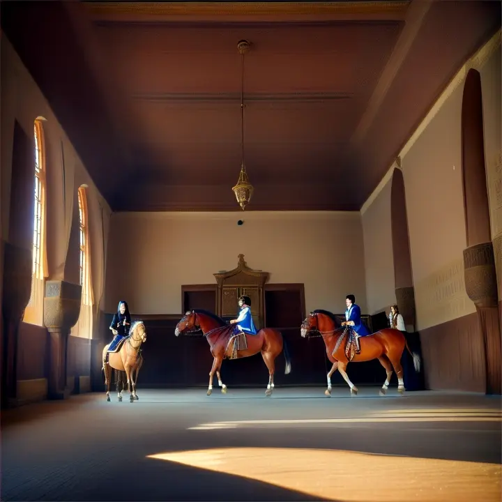 Create a realistic, cinematic couple man with two wives dancing video of The throne of an ancient Egyptian pharaoh in the interior of his palace A picturesque shot of a wooden stable with beautiful daylight, interior Royal Stables, Christiansborg Palace, Copenhagen, Denmark, Chestnut horses eat hay after a ride with riders Dazzling coaches , two Andalusian horses eating hay spreads throughout the palace stable and two friesian horses walking back of man with two wives ,A lively interior Royal Stables palace floor comes alive with the rhythm of a rap song as one south indian Tamil husband dark brown skin ultrathin bony body and two wives, first wife  fair skin round face short  black hair plus size    cuvasious Voluptuous thick body plus size woman , wearing  Glam & Chique Women's Cotton-Linen Tie-Knot Beachwear Crop Top Front Tie Wrap Relaxed Fit V Neck Balloon Sleeves Tops for Women Western Stylish Blouse Top Travel Holiday Casual (Ivory S)second wife little fair oval shape face smiling lips,long hair two dressed in vibrant rainbow  mixed  theme hot deep v neck tops and knock length shorts,man wearing  black color Body Protector Vest Comfort Zip Waistcoat full sleeve white color  Shirt with full sleeve white pant Delize Men's Black Brown Riding Boots on legs engage in a dynamic, synchronized dance routine the man holding long thick jute rope end in both hands on the other side two women holding the long thick jute rope in their hands Three of them dancing with rope 