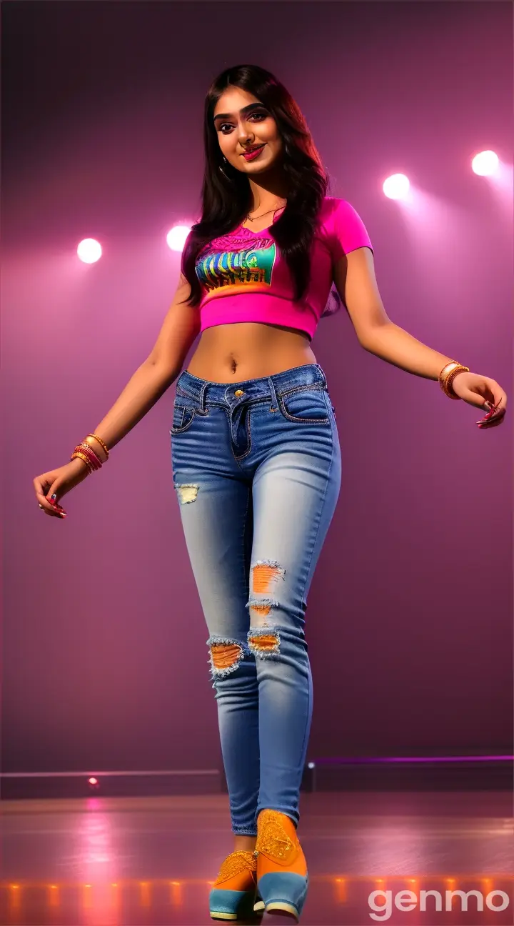 Portrait 9:16 ratio video.
A vibrant stage illuminated with dazzling lights.
The main focus is on a beautiful 24-year-old Pakistani woman wearing a tight pink T-shirt and trendy blue jeans, dancing with high energy and a bright smile.
Alongside her, a 26-year-old Pakistani man in a sleek orange shirt and modern distressed jeans, dancing confidently in sync with the woman.
They perform a seductive and bold dance to the upbeat sound of the dhol.
Surrounding them are backup dancers: some wearing bright gold shirts with black jeans, others in fitted white shirts and blue jeans.
The backup dancers perform in perfect sync, adding energy and sharpness to the performance, all with bright smiles.
The atmosphere is lively and captivating, with everyone fully immersed in the dance.