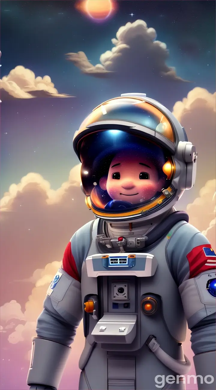 A fun, imaginative animation where an astronaut floats by and tries to “sniff” the cloud, with a light-hearted expression. The astronaut’s visor reflects distant stars and colorful gases.