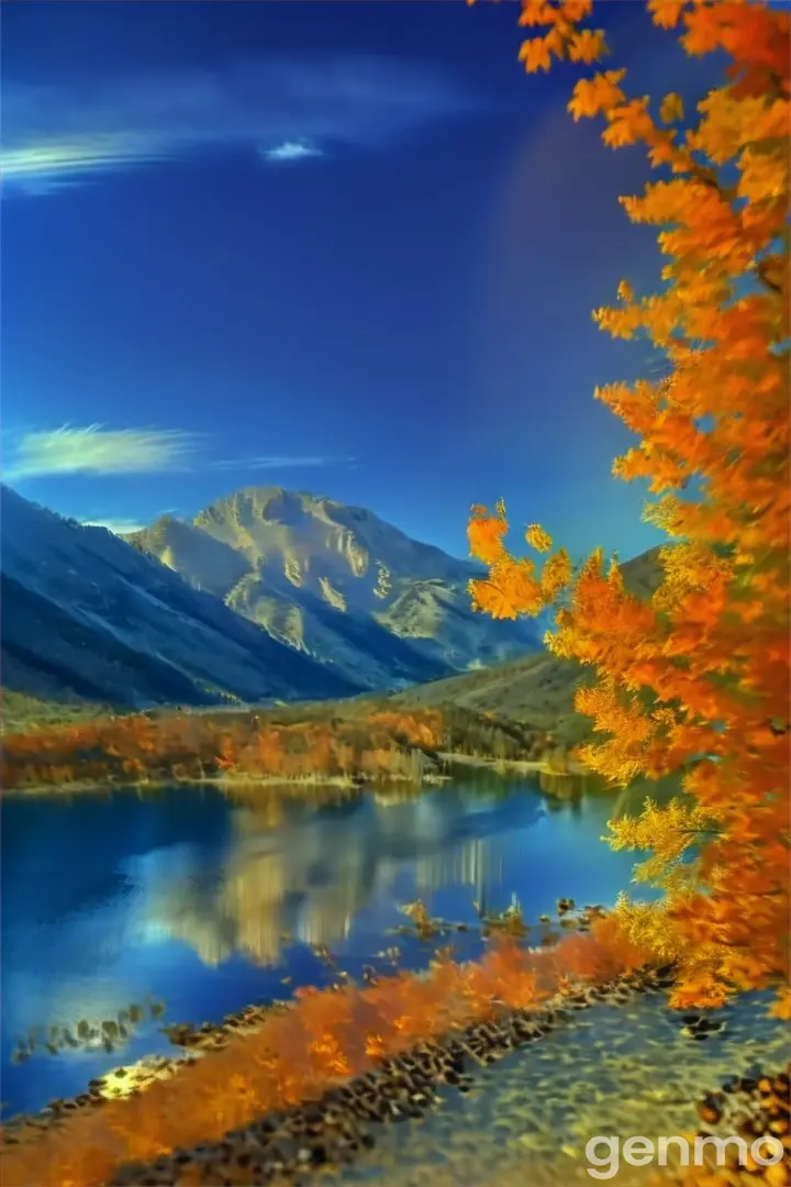 Aerial view of a mountain lake surrounded by fall foliage in golden light.