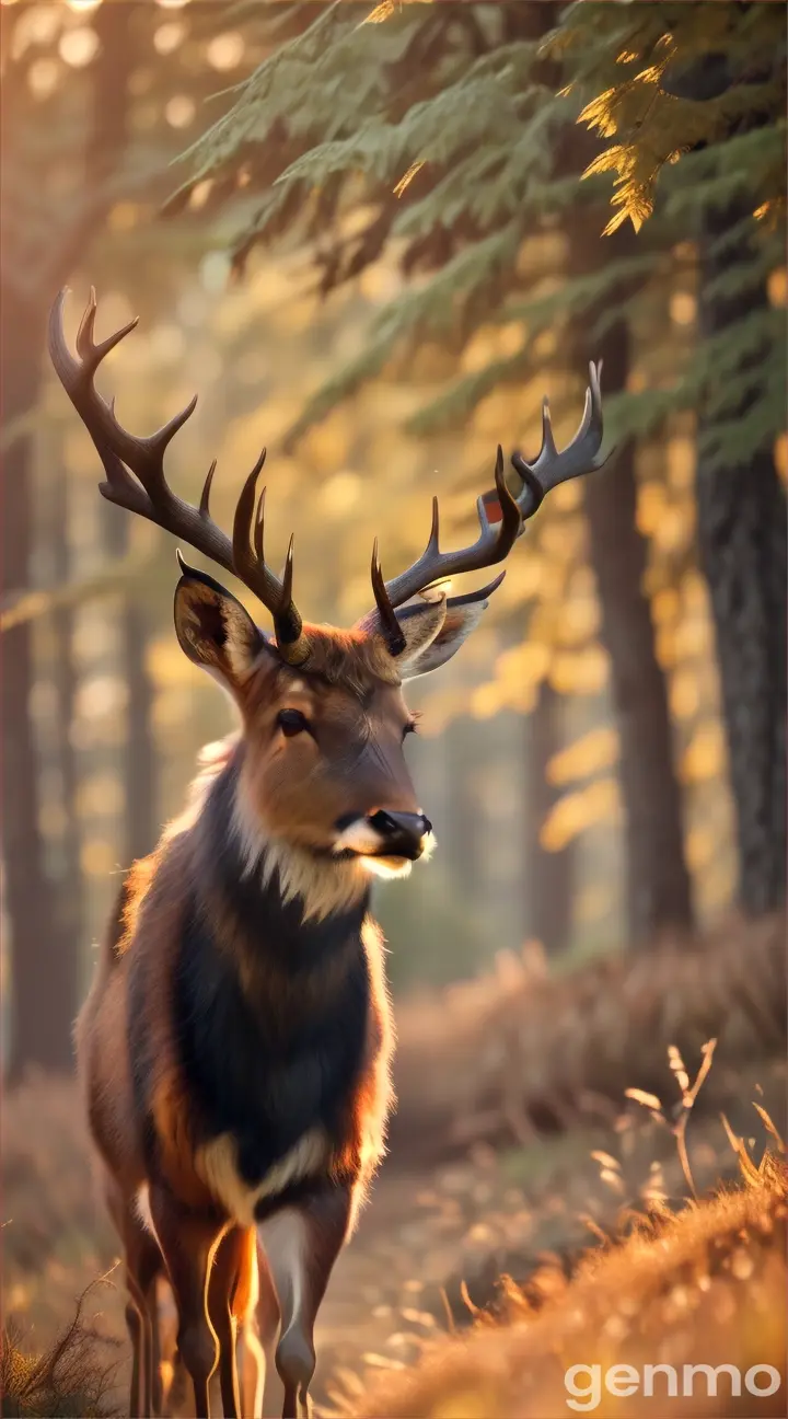 A beautiful stag at sunset in a lush forest 